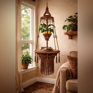 Vintage Macrame Hanging Table 3 Tier Plant Stand Brown Boho Art Shelf Large 1970